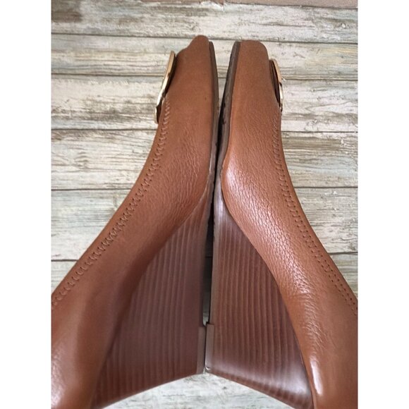 Tory Burch Women's Sally 2 Cognac Leather Peep Toe Wedge Heels Sz 11 Used No Box - Picture 8 of 11